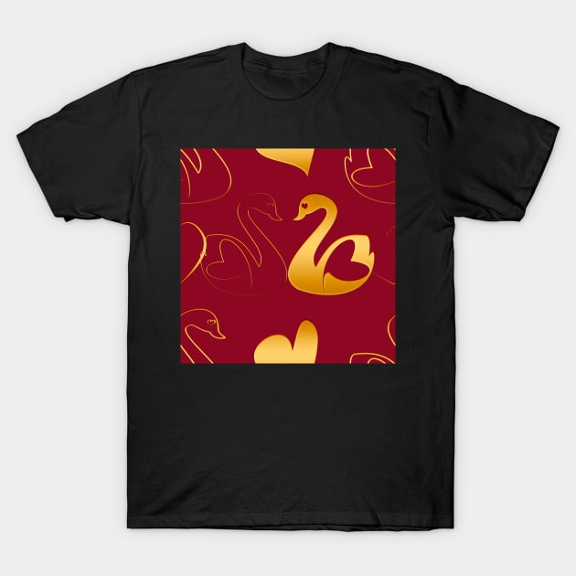 Golden swans in love on red T-Shirt by YamyMorrell